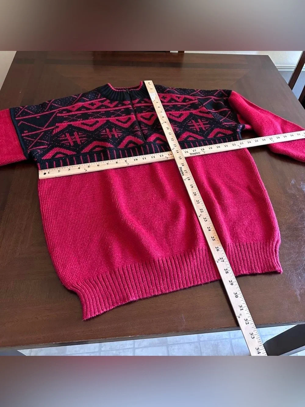 Vintage Obermeyer Red Black Wool Blend Sweater XL Nordic Zip Pullover